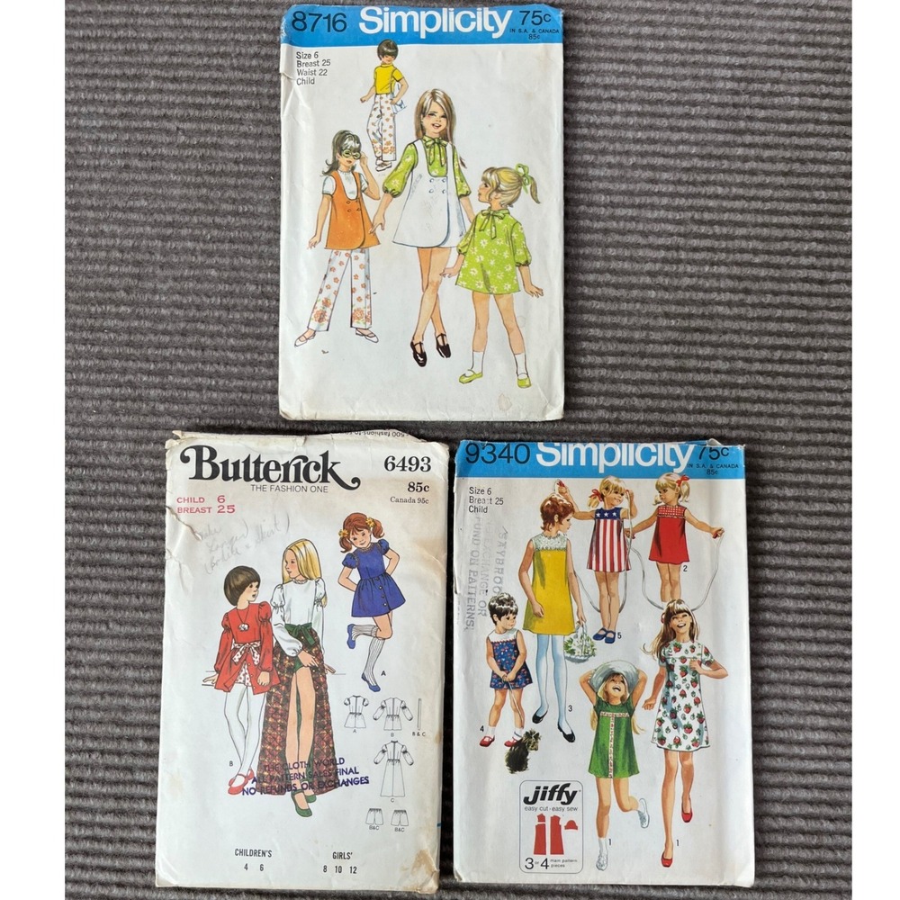 Vintage 70s‎ Girls Sewing Pattern Lot Simplicity 8716 9340 Butterick 6493 Size 6